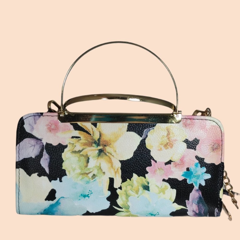 Black Floral Clutch Wallet Purse Handbag Metal Handles w Crossbody Chain Strap